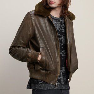 John Varvatos Star USA Men's Tommy Sheepskin Bomber Jacket Fur Collar Antique